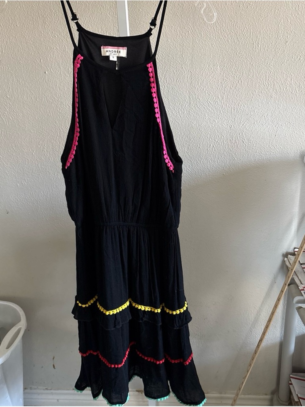 Women’s Small Black Tiered Dress with Pink & Yellow Trim